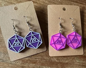 D20 Earrings | 3D Printed Tabletop RPG Gaming Jewelry for Dungeons & Dragons - Picture 1 of 8