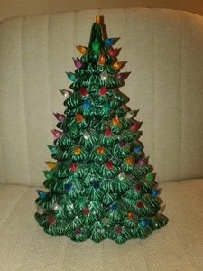 Vtg 14" Slim FLAT Lighted Ceramic Mold Christmas Tree Mini Bulbs Glitter No Base - Picture 1 of 8
