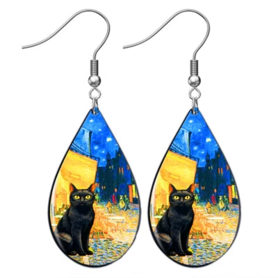 Pendientes de lágrima de madera de gato negro Van Gogh Cat'fe terraza nocturna impresión artística Foto 1 de 4