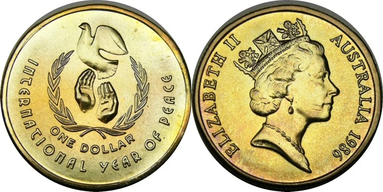 elf Australia 1 Dollar 1986  Hands Dove   Intl Year of Peace - Image 1 of 1
