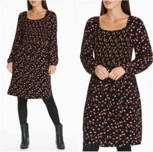 * BNWT Long Sleeve Black Floral Print Shirred Dress Matalan size 10 (G826)