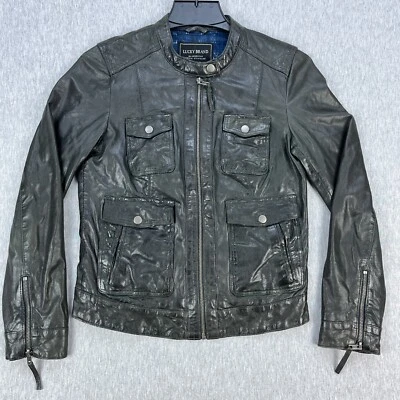 Lucky Brand Lamb Leather Jacket Womens S Black Moto Chinstrap Collar Zip Sleeve - Image 1 of 4