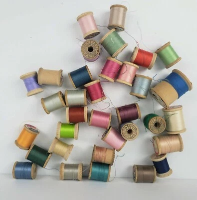 Lot of 34 Antique Wooden Sewing Thread Spools Corticelli Heminway Talon Consco - Image 1 of 3