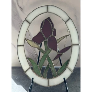 Vintage Leaded Stained Glass Oval Window Pane Iris Suncatcher - Picture 1 of 6