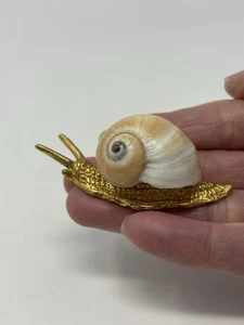 Vintage Snail Figurine with Real Seashell and Gold Tone Metal Body - Picture 1 of 12