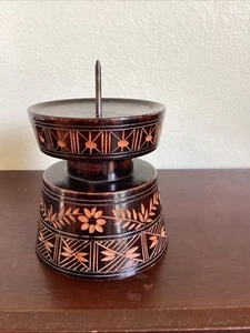 Vintage MCM wooden carved pillar candle holder India - Picture 1 of 9