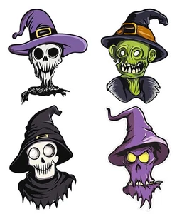 Juego de 4 pegatinas de vinilo de personajes de Halloween espeluznantes (paquete #1/personaje talla 3x2”) - Imagen 1 de 5
