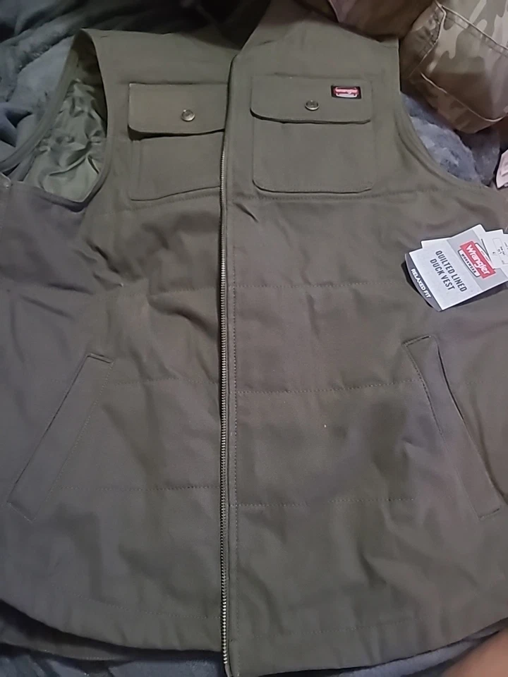 Wrangler Workwear Sz Large Vest Olive Green Quilted Lined Duck Pockets A200