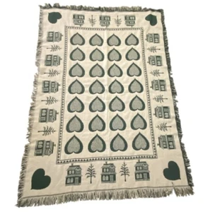 Vtg Tapestry Throw Blanket Green White Hearts Country Chic Cottagecore 68”x47” - Picture 1 of 9