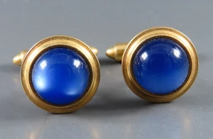 Vintage KREMENTZ Heavy Gold Plated BLUE MOON GLOW LUCITE CABOCHON Cufflinks EUC! - Picture 1 of 4