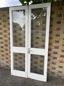 Reclaimed Old French Single Panel Glass Wooden Double Doors 1990mm x 1103mm - Picture 1 of 12