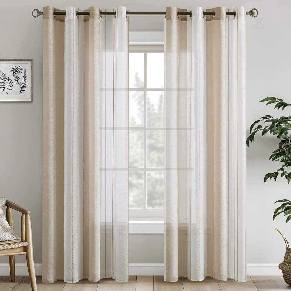 Rideaux rayés Transparent avec œillets Voile Rideaux Salon Moderne Set de 2 R... - Photo 1/4