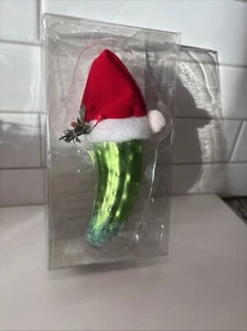 NEW Shiny Glass Christmas 5" Green PICKLE ORNAMENT w/ Xmas Santa Cap Hat - Picture 1 of 5