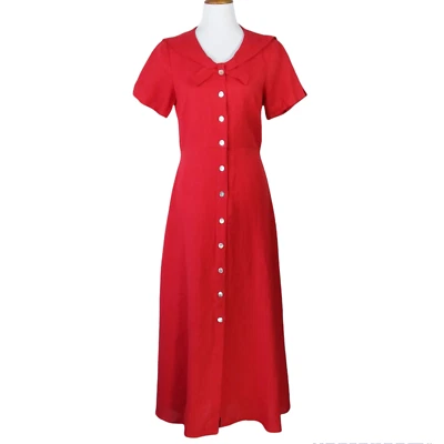 Vtg Carol Anderson Sailor Collar Maxi Dress Size 8 Linen Red Nautical USA 90s - Image 1 of 4