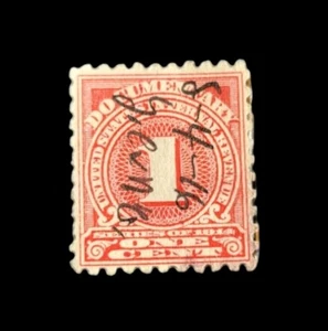 1914' US 1c Revenue Documentary Tax Stamp #R207 Rose Used Pen Cancel Silk Paper - Picture 1 of 2
