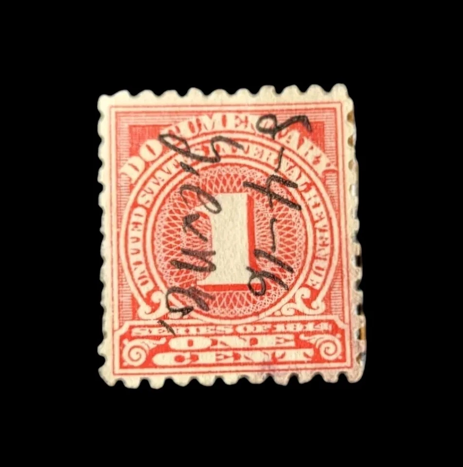 1914' US 1c Revenue Documentary Tax Stamp #R207 Rose Used Pen Cancel Silk Paper - Image 1 of 2