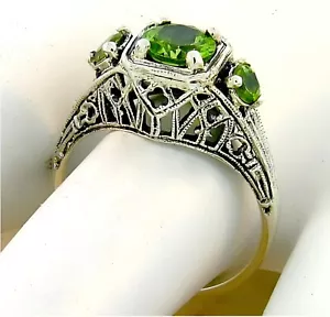 GENUINE PERIDOT ART DECO STYLE THREE-STONE 925 STERLING SILVER RING #514 - Picture 1 of 4