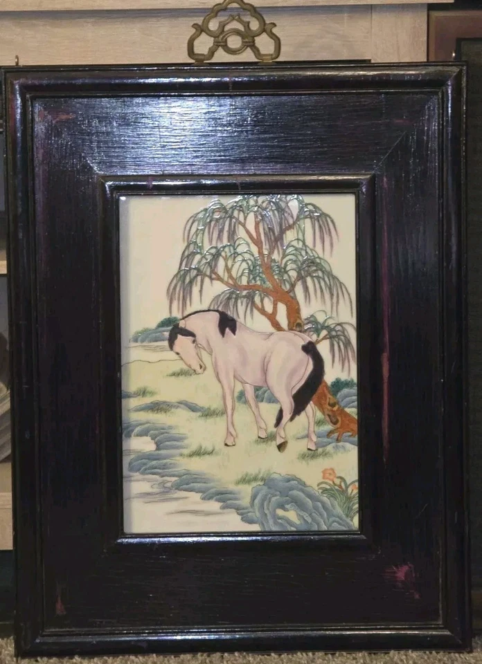 PLACA PORCELANA SIGLO XIX CHINA ANTIGUA FAMILIA ROSA MARCO MADERA REPÚBLICA Foto 1 de 4