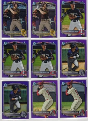 Lote de (190) refractores púrpuras Bowman Chrome Baseball Prospects (BCP) 2025/250 Foto 1 de 4