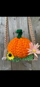 Handmade Crocheted Pumpkin On Swing - Picture 1 of 3