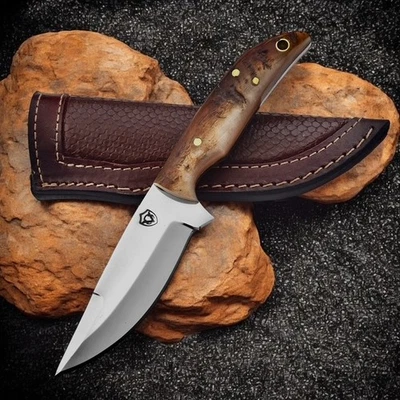 EDC Custom Handmade 440C Steel Hunting Camping Knife Ram Horn Leather Sheath - Image 1 of 4