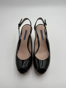 Stuart Weitzman Riveria Damen-Sandalen 10 M schwarz Lackleder Fersenriemen Keilabsatz - Bild 1 von 10