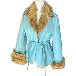 dELiA*s Dolls Kill Aqua Can't Be Outshined Vegan Leather Jacket Faux Fur M - Picture 1 of 10