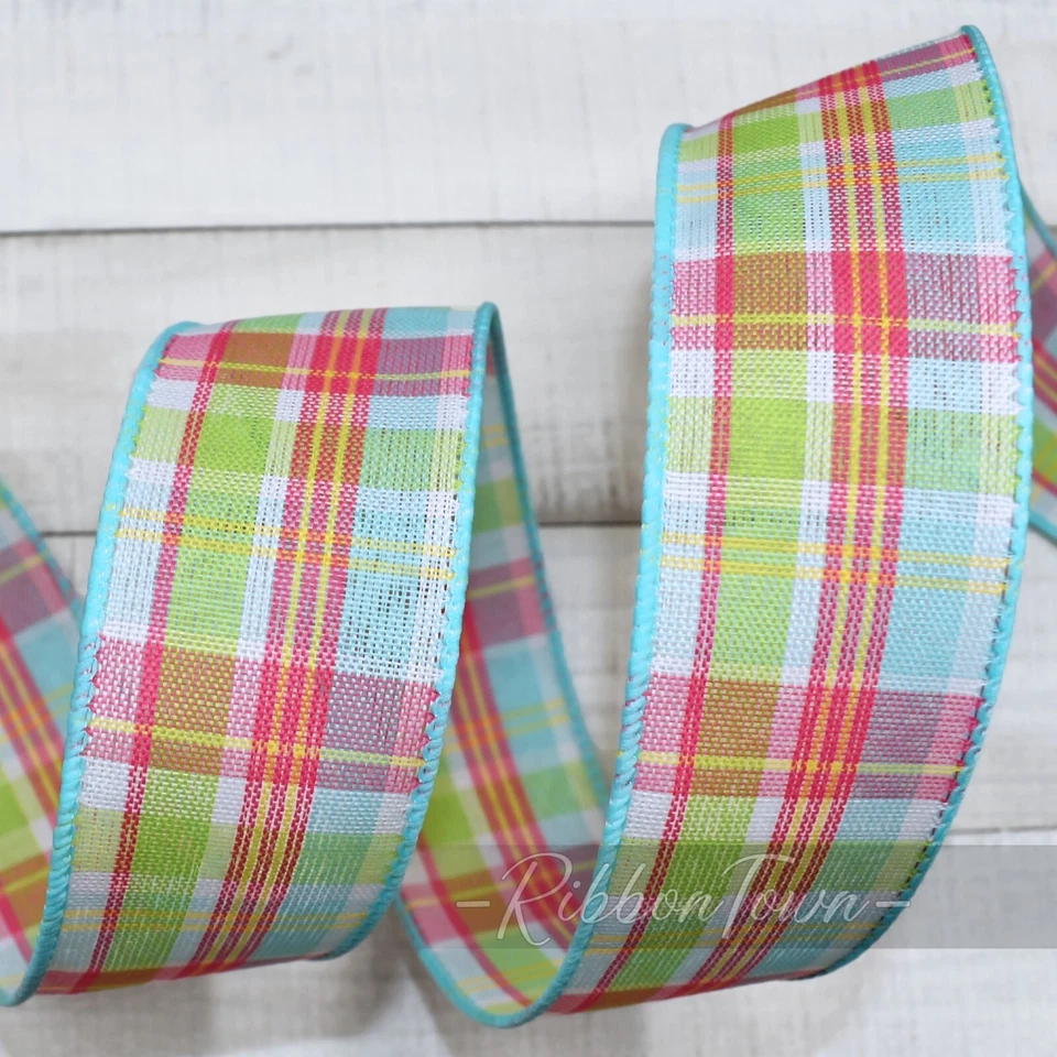 Cinta con cable a cuadros azul rosa verde amarillo blanco 1,5" de ancho x 5 yardas Foto 1 de 1