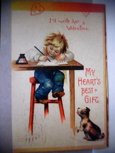 PC- 347-7 VALENTIN POSTKARTE - JUNGE SCHREIBT - WELPE BEOBACHTET - ELLEN CLAPSADDLE - Bild 1 von 1