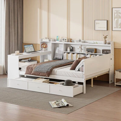 Twin Full Size Daybed with Storage Drawers & Bookcase Sofa Bed Bedroom Furniture - Image 1 of 4
