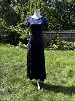 Maxi Vestido Formal Floral Azul Medianoche Laura Ashley Años 90 De Colección Talla 6 Foto 1 de 4