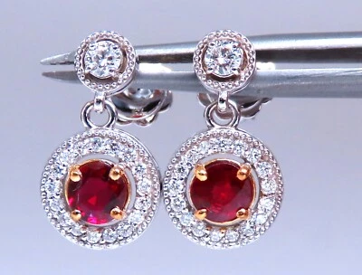 .95ct Natural Ruby Diamond Cluster Stud dangle earrings 14kt gold - Image 1 of 3