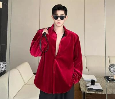 Men's Fashion Autumn Lapel Long Sleeve Loose Pure Color Velvet Shirt Casual Tops - Image 1 of 4