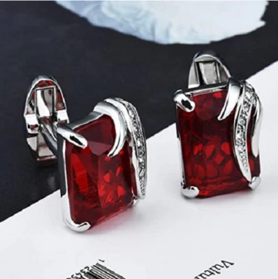 Emerald Cut Deep Vivid Red 24.32CT Ruby With Old Mine Cut CZ Classic Cufflinks - Image 1 of 4
