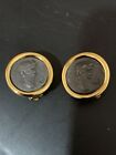 VINTAGE CAROLEE SIGNED ROUND GOLD TONE FAUX PEWTER COIN CLIP ON EARRINGS