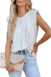 White Sequin Round Neck Sleeves Top - Picture 1 of 4
