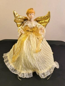 Angel Christmas Tree Topper Gold Metallic Fabric Wings Lace Trim 13" - Imagen 1 de 7
