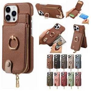 For iPhone 16 Pro Max 15 14 13 Leather Ring Holder Card Slots RFID Blocking Case - Picture 1 of 22