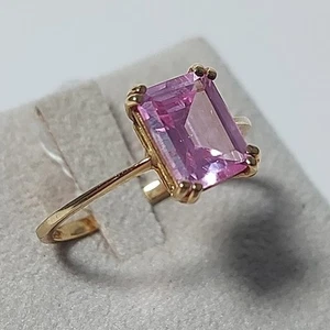 18kt Gold Women Yellow Title 750 Topaz Pink Emerald Cut Ring - Picture 1 of 12