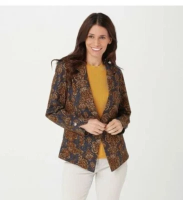 Logo By Lori Goldstein Blazer XL Baroque Print Ponte Knit Navy Gold - Image 1 of 4