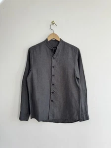 Camicia Evan Kinori Band Collare Lino/Cotone Piede di Poule Camicia Oliva XS Made USA - Foto 1 di 7