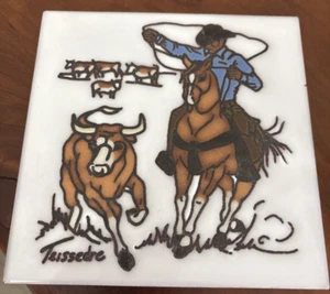 Cleo Teissedre Keramik 1984 Fliese Kunst 6x6 signiert Cowboy & Pferd Wanddeko Untersetzer - Bild 1 von 3