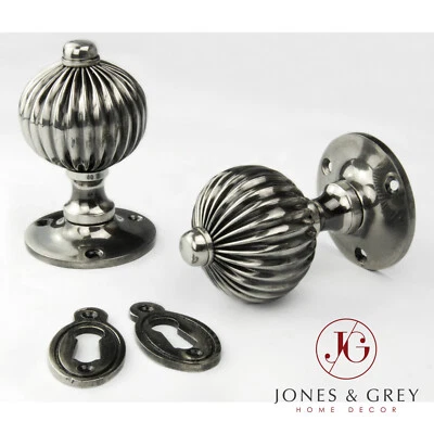 ANTIQUE NICKEL VINTAGE REGENCY REEDED ROUND SOLID BRASS DOOR HANDLES KNOBS - Image 1 of 4