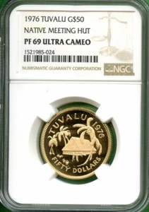 TUVALU 1976  GOLD  $50  NGC PF 69 ULTRA CAMEO  NATIVE MEETING HUT - Picture 1 of 2