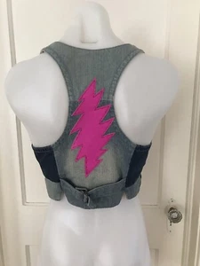 Grateful Dead Hippy Denim Jean Vest Hippie Pink Lightning Bolt ⚡️ Size XXS H&M - Picture 1 of 12