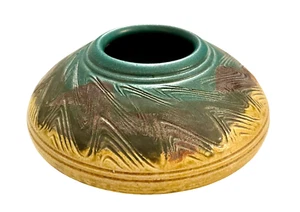 Art Pottery Flower Frog Vase Artist Signed Green Yellow Glaze 4.5”W x 2.25”T - Picture 1 of 10