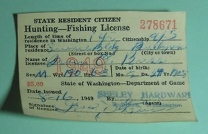 1949 Washington Dept of Game Hunting Fishing License...Free Shipping! - Picture 1 of 1