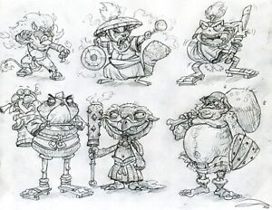 Original Various Character Design Concepts Pencil Drawings - Hand Signed