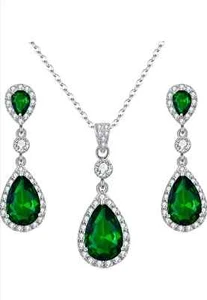 White gold finish Emerald And created diamond pearcut necklace And earrings Gif - Picture 1 of 5