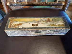 Antique paper covered and fabric lined OLD box 1800s 12x 3 1/2 x 2 1/2 collectab - Picture 1 of 7